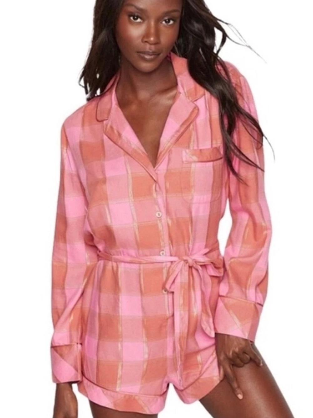 Victoria’s Secret Pink Peach Plaid Gold Detail Button Front Sleep PJ Romper - M